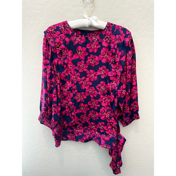 MAYEELOK | Vintage 80s Silky Navy Pink Floral Pleated Side Tie Blouse | Medium - Picture 1 of 8